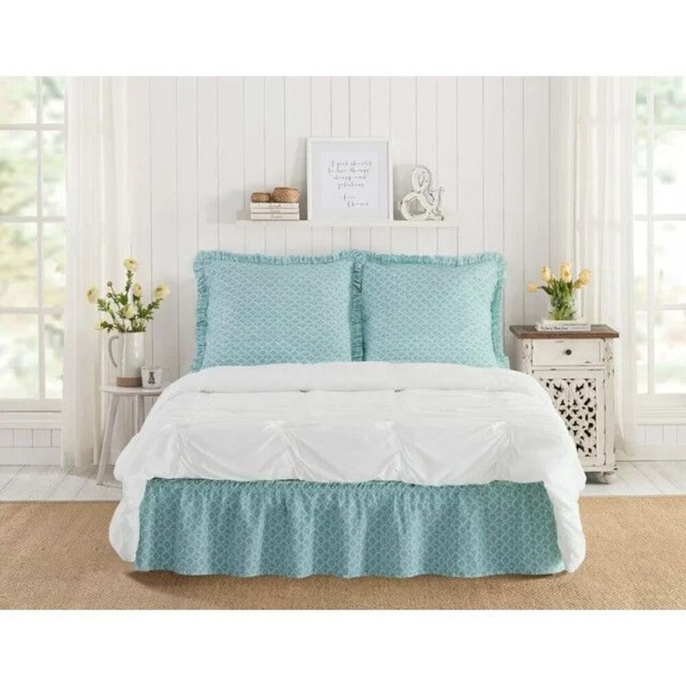 Pioneer Woman Bedskirt and Sham Set Washy Trellis Cotton 3 Piece Blue Green New